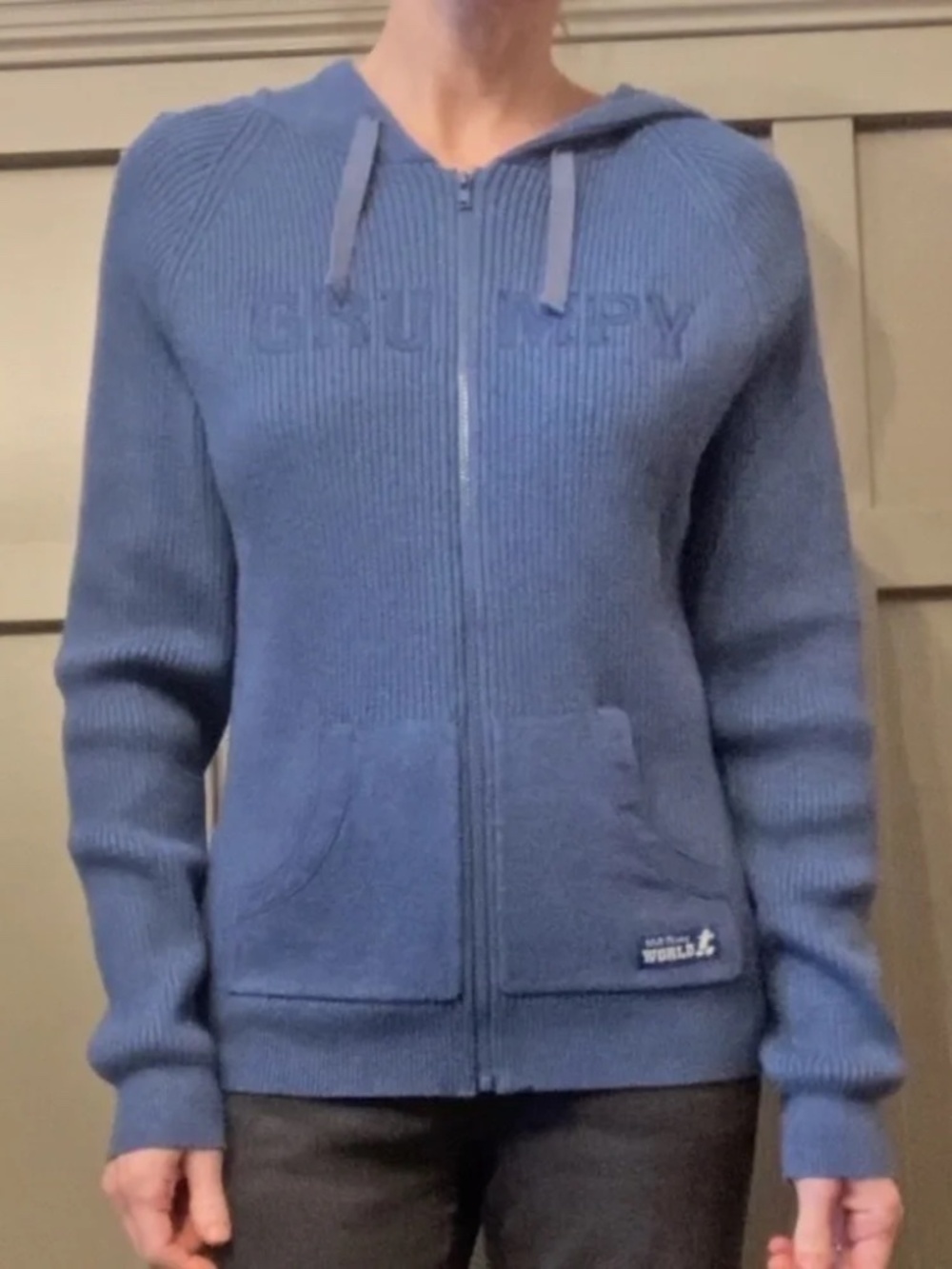 Disney Walt Disney World Grumpy Dwarf Spellout Ribbed Hoodie Sweater Full Zip L